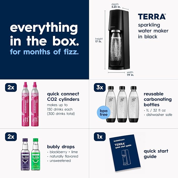 Sparkling Water Maker, Value Bundle, CQC CO2 System, Includes 2 Quick Connect 60L CO2 Cylinders, 3 Dishwasher Safe BPA Free Bottles, 2 bubly Flavor Drops, Make your own Pepsi, Black