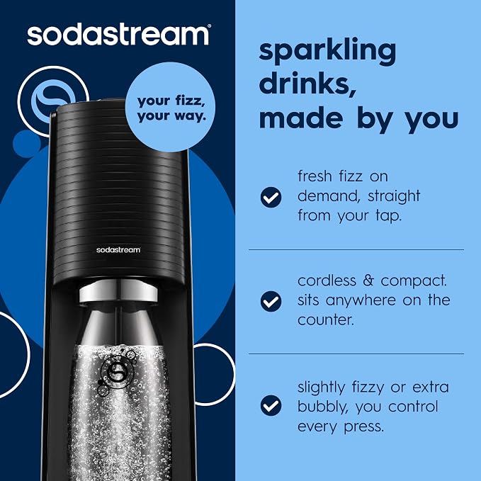Sparkling Water Maker, Value Bundle, CQC CO2 System, Includes 2 Quick Connect 60L CO2 Cylinders, 3 Dishwasher Safe BPA Free Bottles, 2 bubly Flavor Drops, Make your own Pepsi, Black
