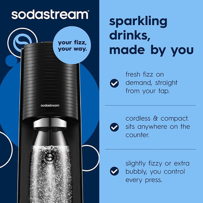 Sparkling Water Maker, Value Bundle, CQC CO2 System, Includes 2 Quick Connect 60L CO2 Cylinders, 3 Dishwasher Safe BPA Free Bottles, 2 bubly Flavor Drops, Make your own Pepsi, Black