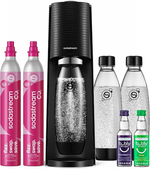 Sparkling Water Maker, Value Bundle, CQC CO2 System, Includes 2 Quick Connect 60L CO2 Cylinders, 3 Dishwasher Safe BPA Free Bottles, 2 bubly Flavor Drops, Make your own Pepsi, Black