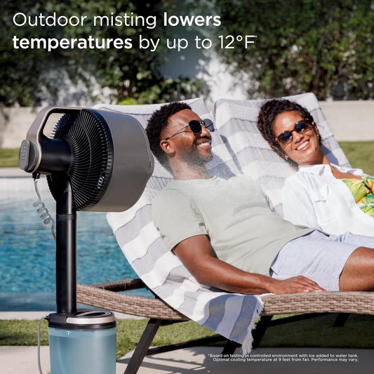 FlexBreeze Pro Mist Fan, Indoor & Outdoor Oscillating Cooling Fan with Misting for Home & Patio, Floor & Tabletop, Portable Cordless & Corded, 24Hr Battery, Remote, Charcoal Grey, FA302
